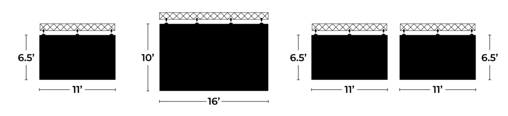 A diagram of BCC Live's standard LED Screen configurations. 6.5 feet by 11 feet and 10 feet by 16 feet.