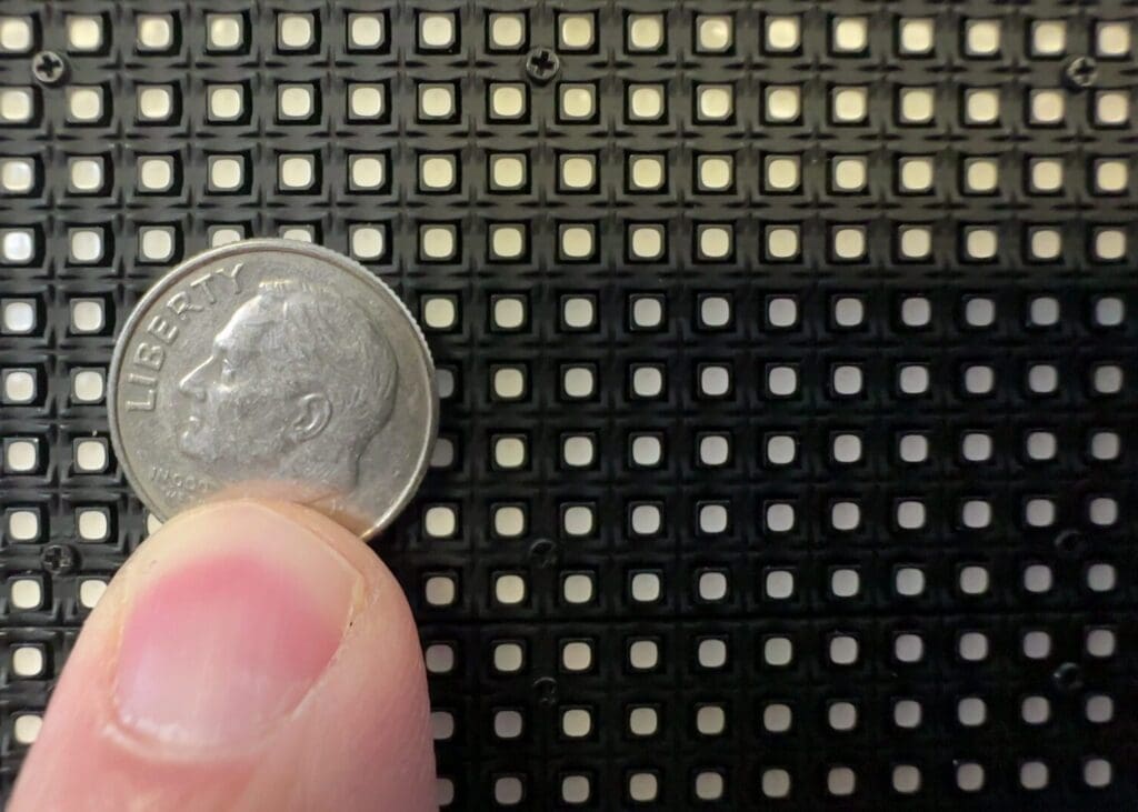 A dime for comparison to the pixel pitch of BCC Live's modular LED screen.