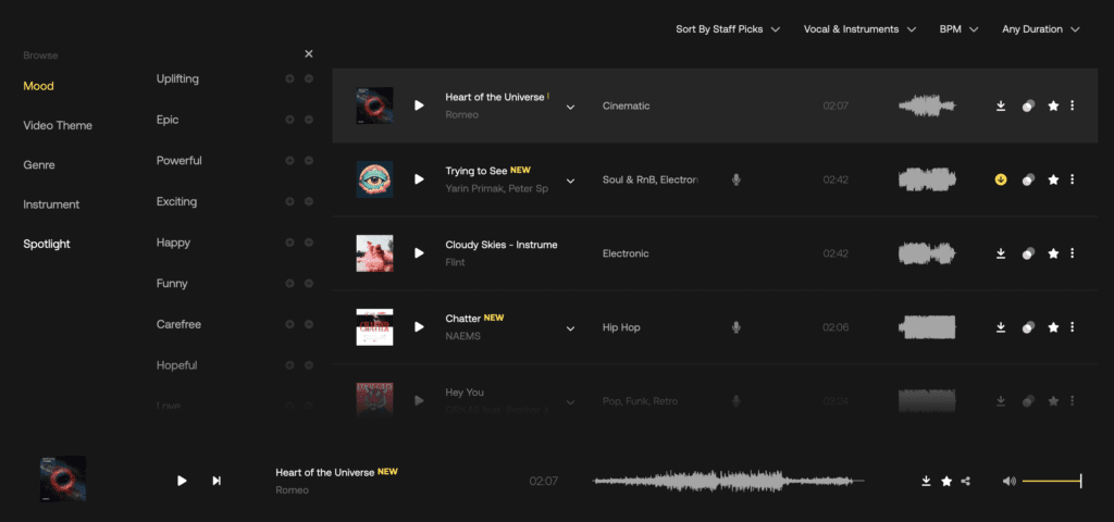 Screenshot showing the user interface of the Artlist platform. The interface features various sections such as music library, search bar, and navigation menu, providing access to a wide range of royalty-free music and sound effects.